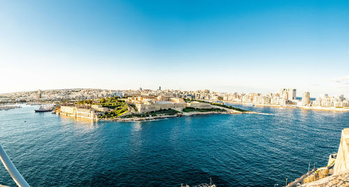 Panoramic view of city buildings against clear sky