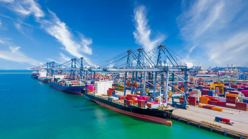 Panoramic view of commercial dock against sky