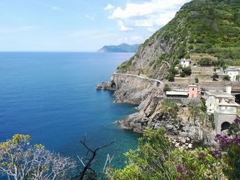 Scenic view of sea by buildings against sky