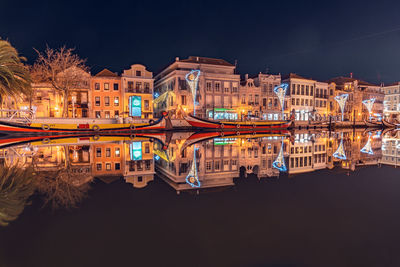 Reflection of buildings in city at night