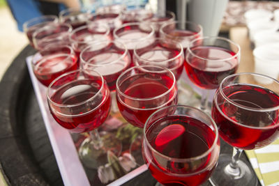 High angle view of wine glasses on table