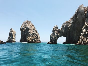 Panoramic view of sea against clear blue sky