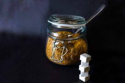 High angle view of drink in glass jar on table