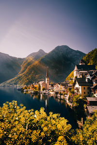 High angle view of trees and buildings against sky in hallstatt austria