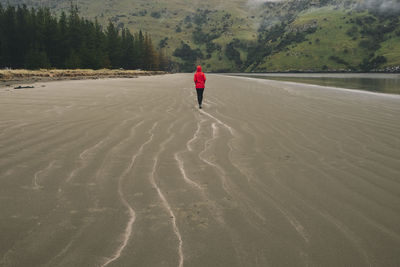 Young woman wearing red jacket at okains bay beach, banks peninsula