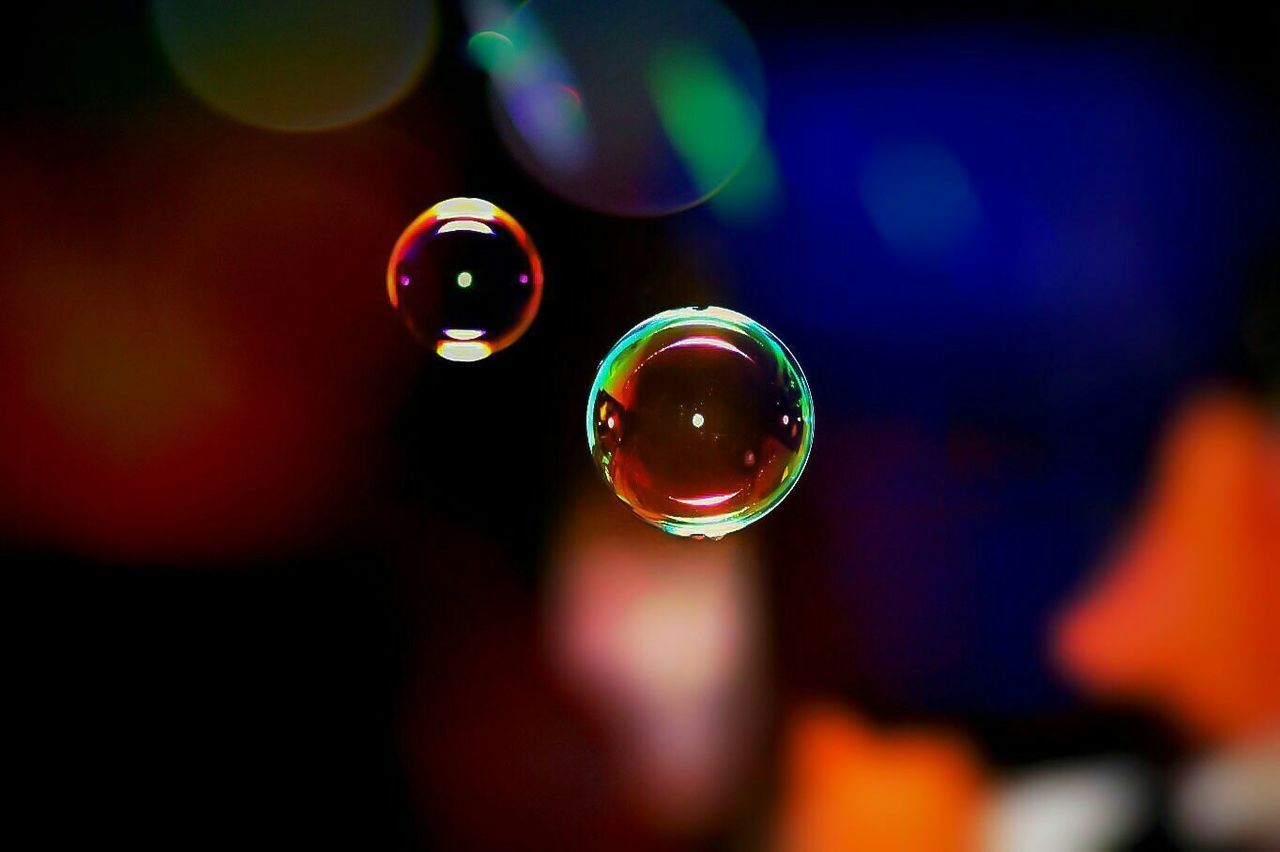 drop, water, close-up, transparent, focus on foreground, illuminated, glass - material, selective focus, purity, fragility, bubble, defocused, wet, night, reflection, no people, circle, multi colored, detail, droplet