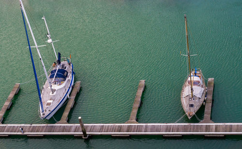 High angle view of sailboat in sea