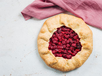 High angle view of strawberry on cake