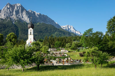 Scenic view of trees and mountains against clear sky