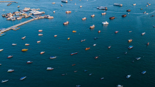 High angle view of boats in sea