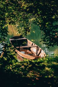 Abandoned boat against trees