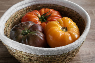 High angle view of tomatoes in basket