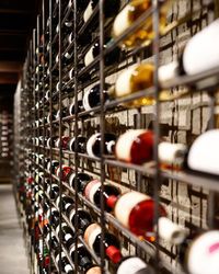 Wine bottles on shelves in cellar