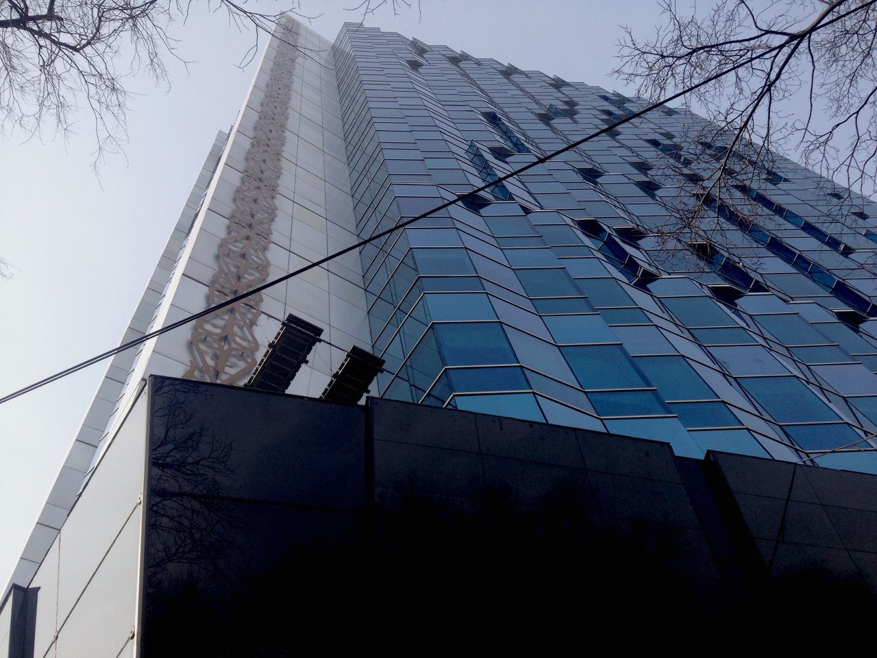 architecture, built structure, building exterior, low angle view, sky, building, modern, city, clear sky, tower, tall - high, office building, day, outdoors, no people, skyscraper, bare tree, tree, sunlight, glass - material