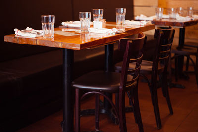 Empty chairs and tables in restaurant