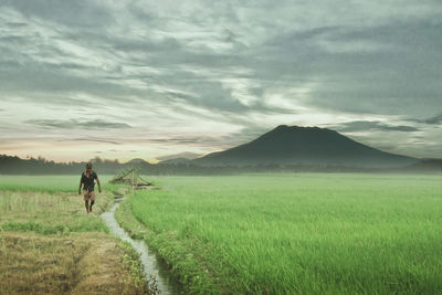 Scenic view of grassy field against cloudy sky