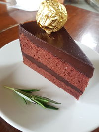 High angle view of cake in plate on table