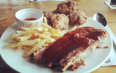 High angle view of breakfast served on table