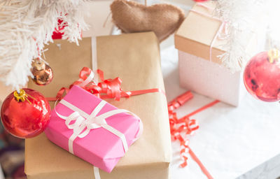 High angle view of christmas decoration in box