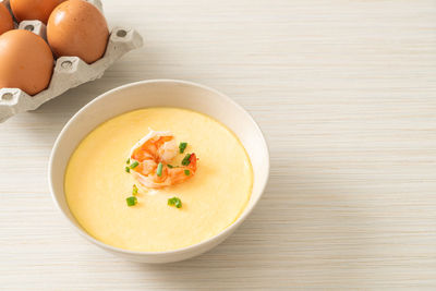 High angle view of soup in bowl on table