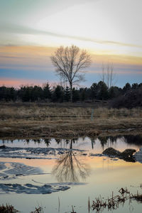 Scenic view of lake against sky during sunset