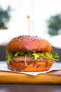 Close-up of burger on table