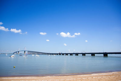 Bridge over sea against blue sky