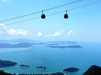 Overhead cable cars over sea against sky