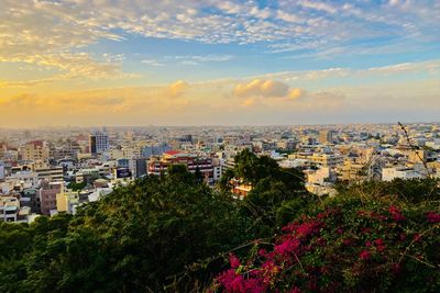High angle view of townscape against sky during sunset