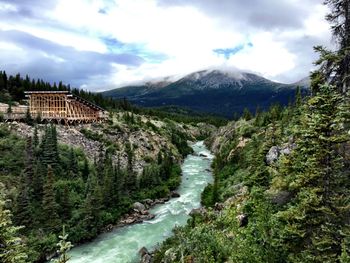 Scenic view of mountains against cloudy sky