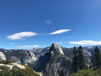 Low angle view of mountain against blue sky