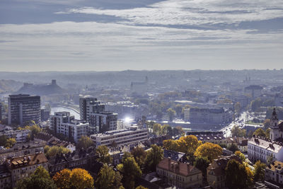 High angle view of buildings in city