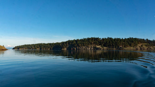 Scenic view of lake against clear blue sky