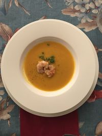 High angle view of soup served on table