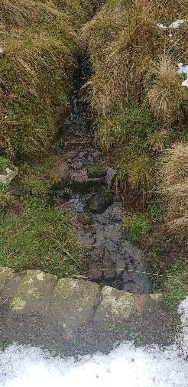 HIGH ANGLE VIEW OF WATER FLOWING ON ROCKS