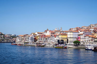 River by townscape against clear sky