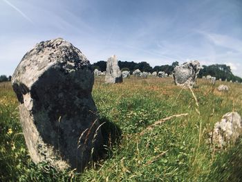 Scenic view of old ruin on field against sky