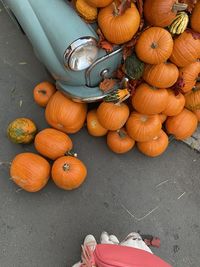High angle view of pumpkins on road