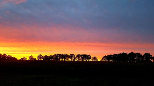 Silhouette trees on field against romantic sky at sunset