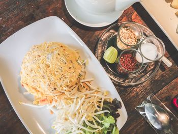 High angle view of breakfast served on table