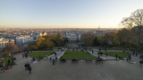 High angle view of people in city