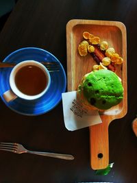 High angle view of breakfast served on table