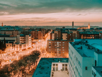 High angle view of buildings in city