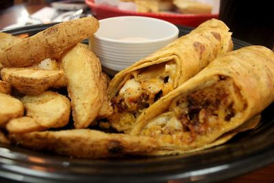 Close-up of food served in plate on table