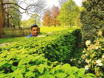 Portrait of man by plants on field