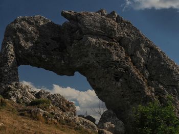 Low angle view of rock formations against sky