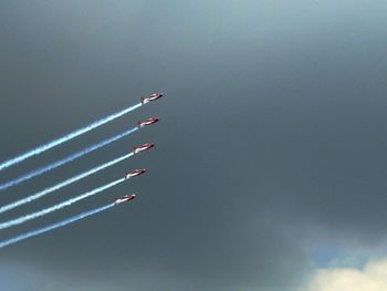 Low angle view of airplane flying against sky