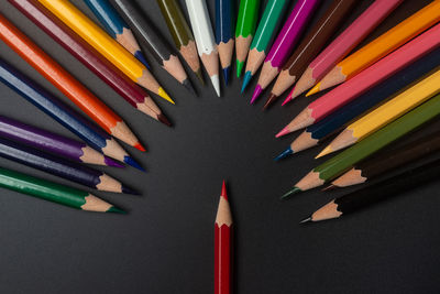 High angle view of colored pencils on table