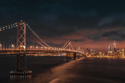 Illuminated suspension bridge at night