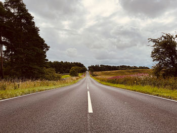 Empty road amidst trees against sky